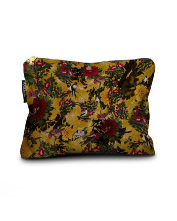 Trousse make up bag Volgio Bene "Les Oiseaux" en velours de polyester italien, inspirée du style baroque rococo et Art déco. Élégance et raffinement pour vos essentiels beauté